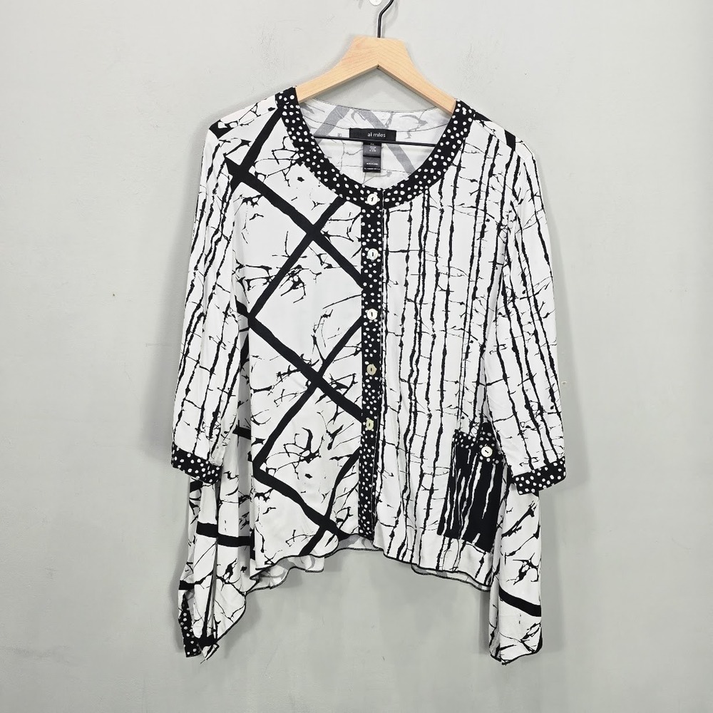 Ali Miles Top XL Petite Black White Polka Dot Asymmetrical Artsy Tunic Button Up